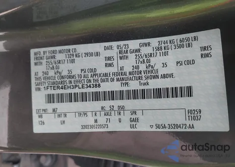 2023 Ford Ranger Xl z USA, uszkodzony, nr VIN 1FTER4EH3PLE34388